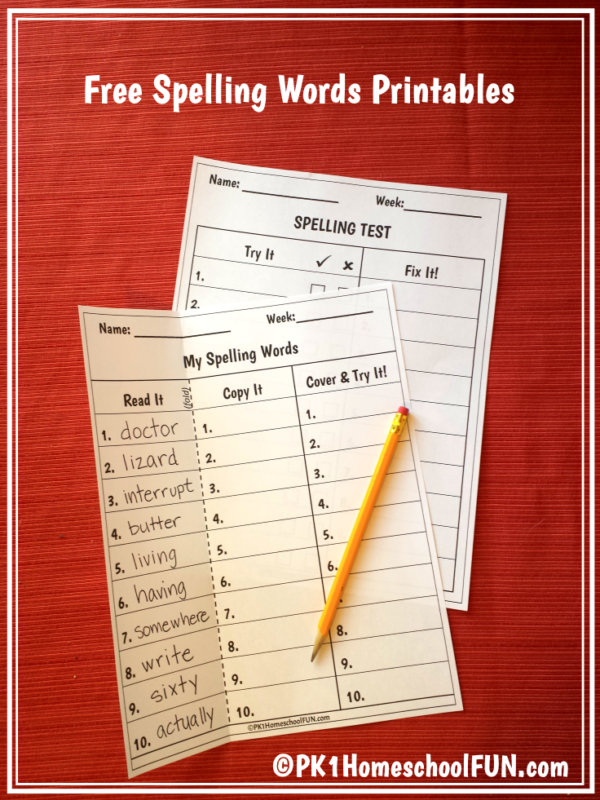 Free Spelling List And Spelling Test Printables - PK1Kids
