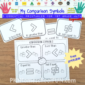 Comparisons symbols printable will be good for introducing greater than and less than. Kids can color the chart and then work with the cards with various manipulatives.