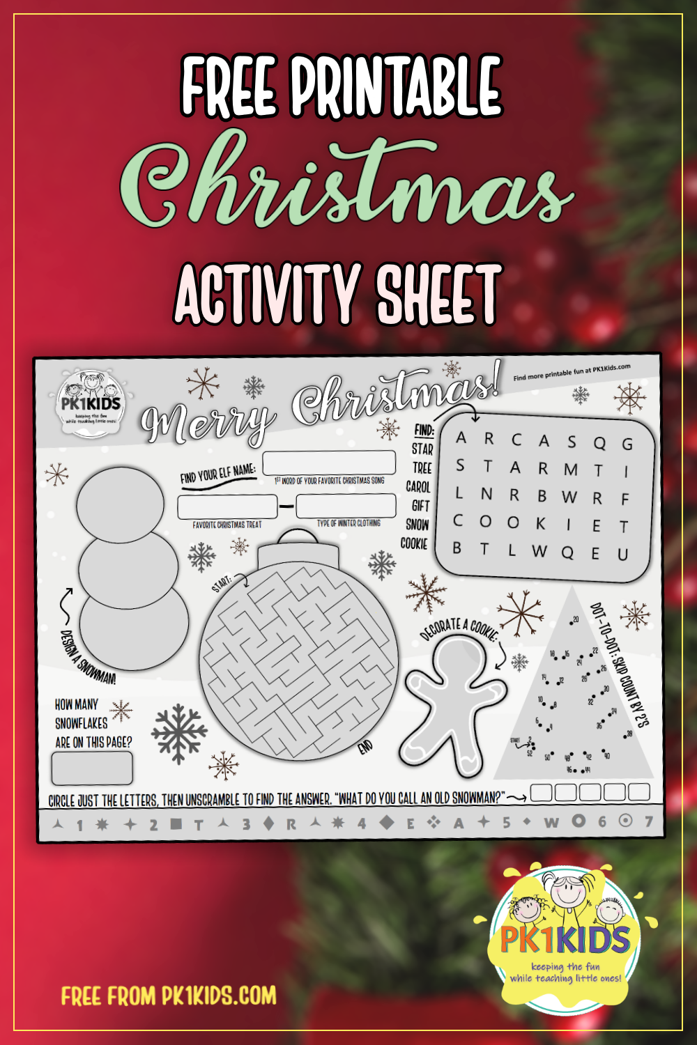 Free printable Christmas themed activity sheet for kids.