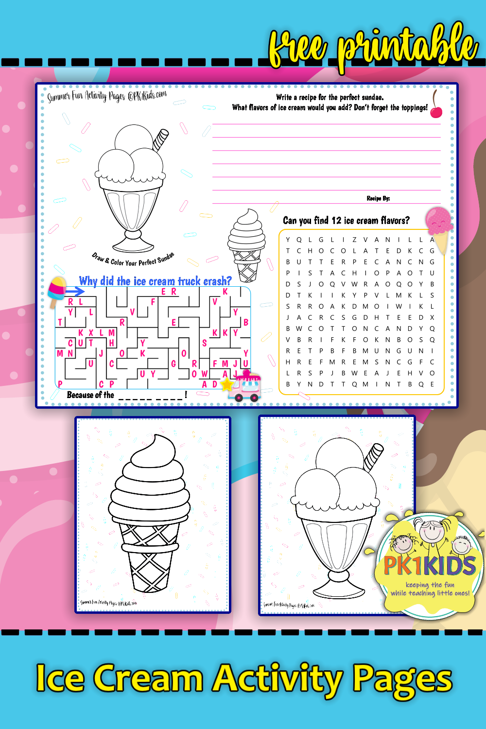 Summer Fun Activity Pages - Ice Cream - PK1Kids