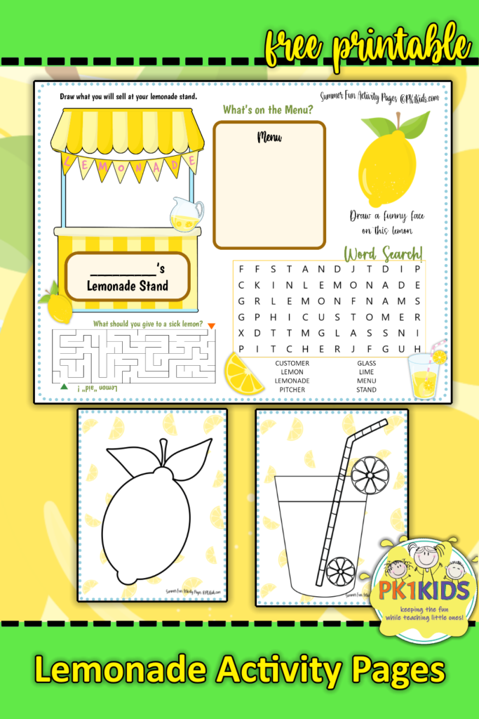 Summer Fun Activity Pages - Lemonade Stand - PK1Kids