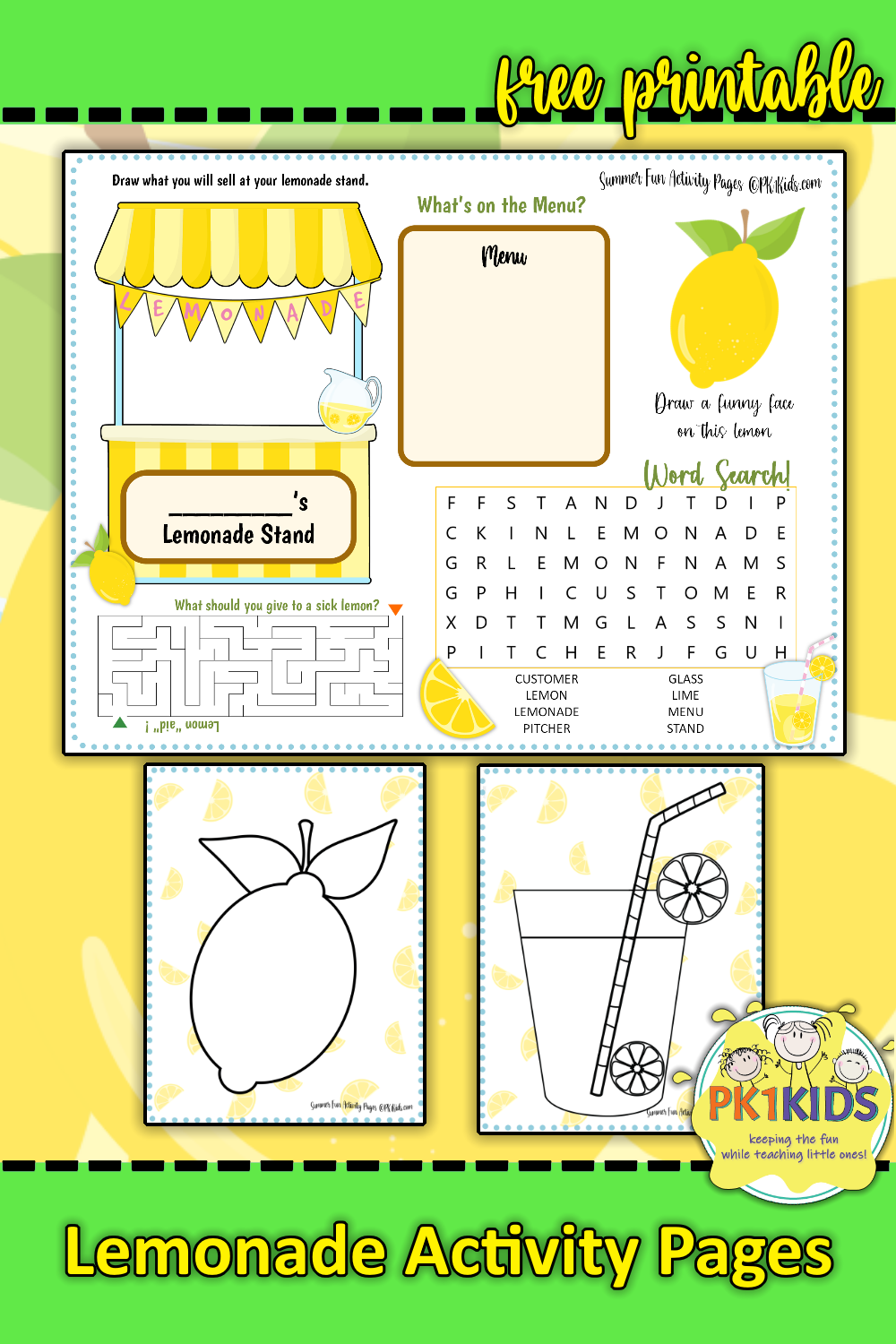 Free printable lemonade stand activity pages