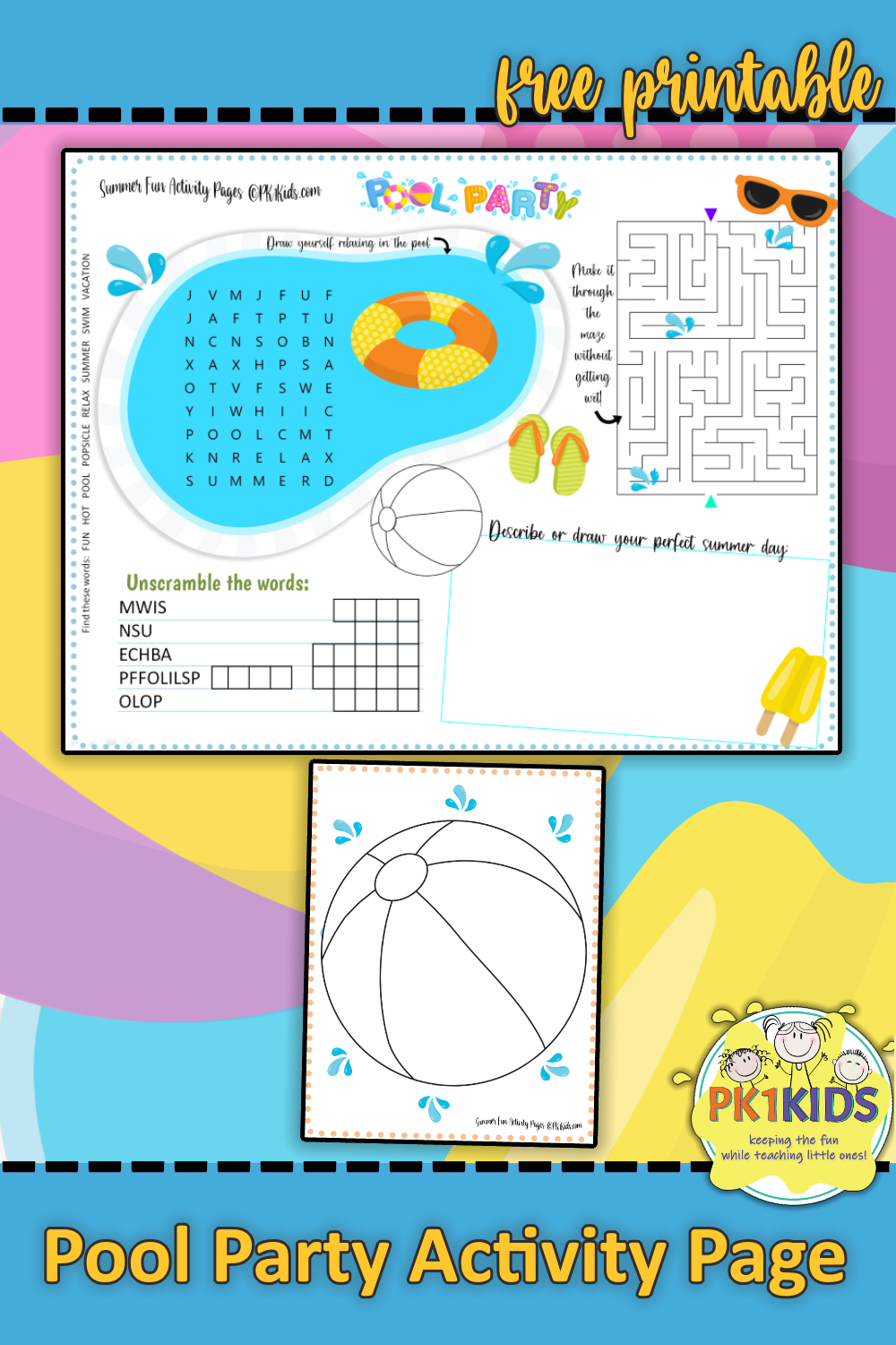 Pool Party Activity Page and Coloring Page