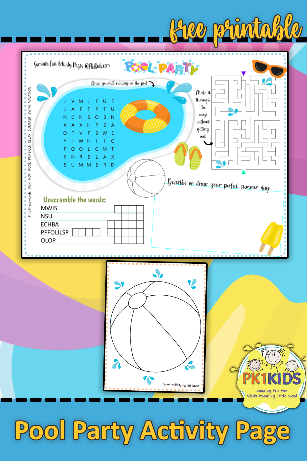 Summer Fun Activity Pages - Pool Party - PK1Kids